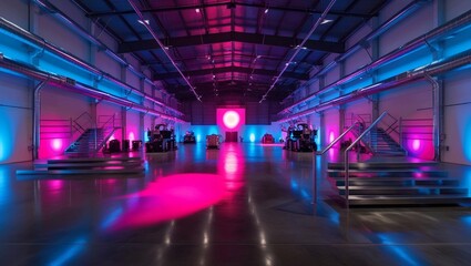 Poster -  Modern Warehouse Interior with Neon Pink and Blue Lighting Highlighting Industrial Space