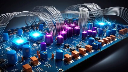 Poster -  Close-up of an intricate black and gold circuit board design, showcasing the complexity of modern computing systems and technological engineering