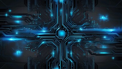 Poster -  Abstract Circuit Board Pattern Highlighting Blue and Black Digital Traces, Representing Data Transmission and Computer Networks in Technology Background