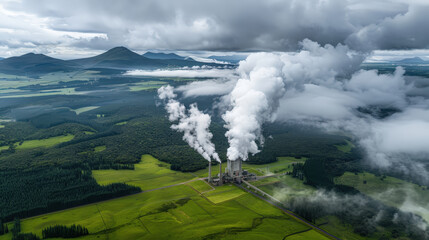 Sticker - Aerial view of nuclear reactor surrounded by lush green landscapes and mountains, with thick clouds of steam rising dramatically into sky, creating striking contrast against natural scenery