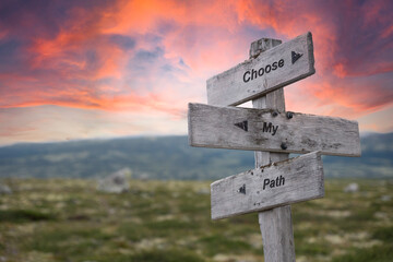 choose my path text quote written on wooden signpost outdoors in nature. Red dramatic skies in the background