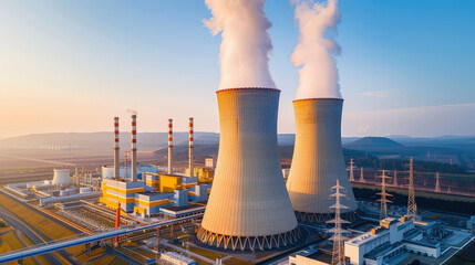 Sticker - large nuclear power plant with cooling towers releasing steam into sky, surrounded by power lines and scenic landscape. scene captures industrial energy production and technological advancement