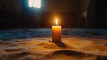 Poster - Single candle burning in sand, peaceful church ambiance, Candlemas symbol