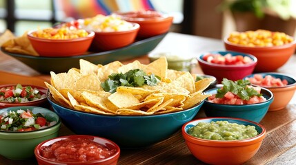 Poster - Table filled with nachos, corn chips and melted cheese, colorful salsa bowls and fresh herbs for topping.