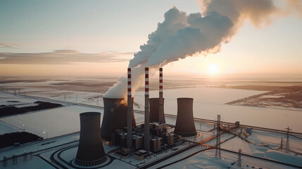 Sticker - Aerial view of nuclear power plant with smoke and steam rising from cooling towers at sunset, showcasing industrial energy production in serene landscape