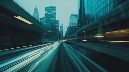 A blurred cityscape viewed from a moving vehicle, representing speed and motion, concept speed