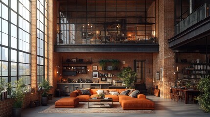 Open-concept loft with exposed brick walls, large windows, and modern industrial furnishings.