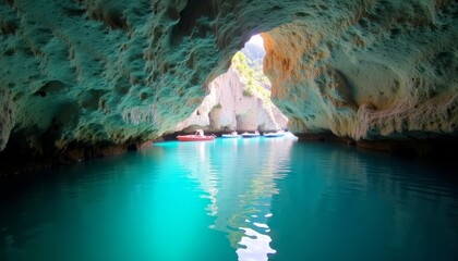 Canvas Print -  Exploring the depths of a cave lagoon