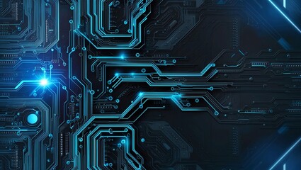 Poster -  Abstract Circuit Board Pattern Highlighting Blue and Black Digital Traces, Representing Data Transmission and Computer Networks in Technology Background