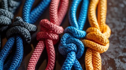 A top-down view of a length of paracord laid out on a table, with knots tied in it. The focus is on the cord color and strength.