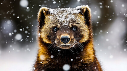 Wall Mural - Closeup portrait of a young woverine in a snowy seasnon beautful big eyes furry coat 