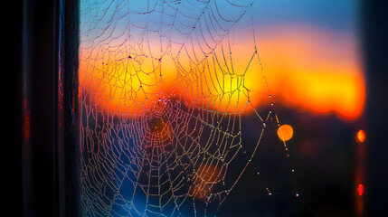 Wall Mural - Spider webs on a window during dusk, with delicate threads stretched across the glass