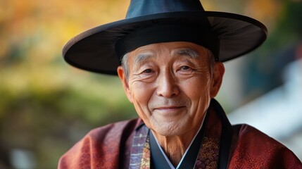 Elderly South Korean man with traditional attire and a warm smile.