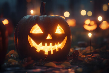 Wall Mural - A glowing jack-o-lantern with a classic carved face shines brightly, surrounded by soft bokeh lights and other pumpkins in the background, creating a spooky Halloween scene.