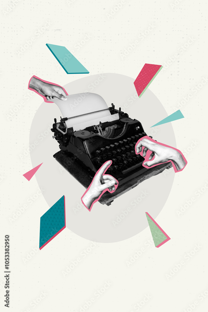 Typewriter Letters Buttons Стокове фото Vertical photo collage of hands type book story use ...