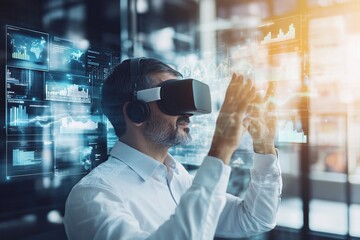 Man Using Virtual Reality Headset for Data Analysis