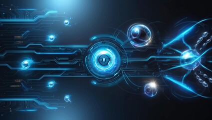 Poster -  High-Tech Digital Interface with Blue Light Elements and Futuristic Data Visualization on a Dark Background