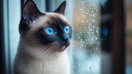 Graceful Siamese cat with striking blue eyes gazing out a window, 4K hyperrealistic photo