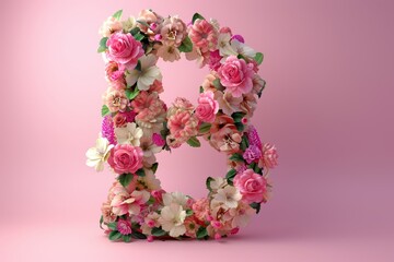 The letter B is made of flowers and has a pink and white color scheme