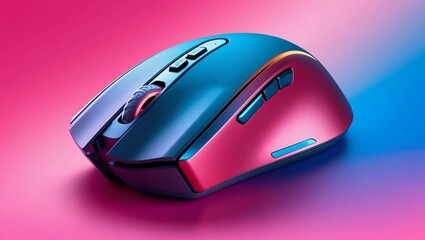 Poster -  Modern Wireless Computer Mouse Displayed Against a Pink and Blue Gradient Background, Featuring Sleek Design for Gaming and Office Technology Concepts
