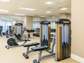 Modern gym interior featuring workout equipment and mirrors for fitness activities.