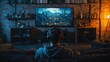 © Coosh448 - Man playing a video game on a large screen TV, 4K hyperrealistic photo