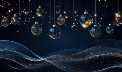 Christmas background with hanging glittery ornaments and a glowing light wave on a dark blue background. New Year's decoration design, illustration of a holiday 