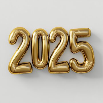 Happy New Year 2025. Golden realistic balloon numbers 2025 - cut out, white background	