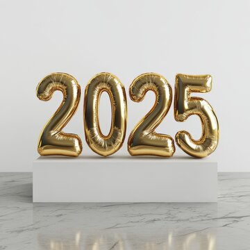 Happy New Year 2025. Golden realistic balloon numbers 2025 - cut out, white background 