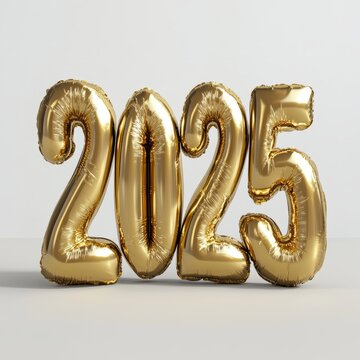 Happy New Year 2025. Golden realistic balloon numbers 2025 - cut out, white background 
