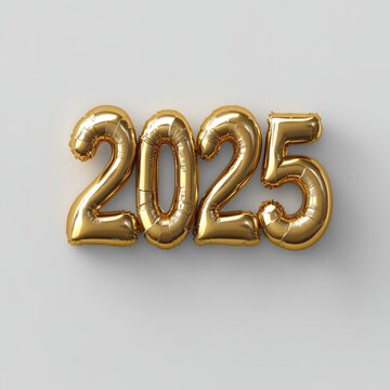 Happy New Year 2025. Golden realistic balloon numbers 2025 - cut out, white background 