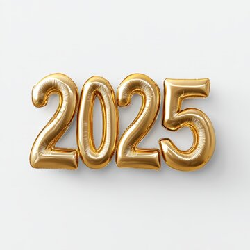 Happy New Year 2025. Golden realistic balloon numbers 2025 - cut out, white background 