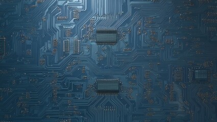Poster -  Complex Blue Circuit Board Pattern with Microchip Connections, Representing Advanced Electronics, Digital Technology, and Network Systems
