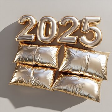 Happy New Year 2025. Golden realistic pillow numbers 2025