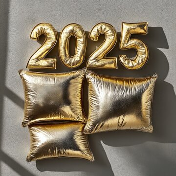 Happy New Year 2025. Golden realistic pillow numbers 2025