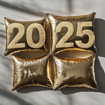 Happy New Year 2025. Golden realistic pillow numbers 2025