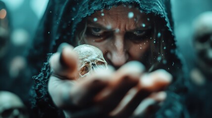 A cloaked figure intensely holds a small skull in the foreground amidst a swirling mist, evoking themes of mystery and the supernatural in a dimly lit environment.