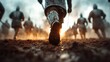 ©  Jovaduplex - A close-up view of armored medieval knights advancing through muddy terrain, illuminated by a warm sunrise as they prepare for battle.