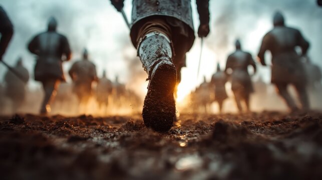 a close-up view of armored medieval knights advancing through muddy terrain, illuminated by a warm s