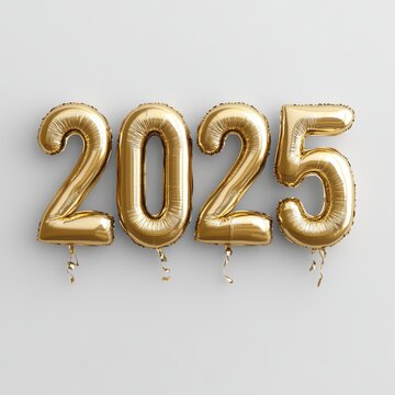 Happy New Year 2025. Golden realistic balloon numbers 2025 - cut out, white background 