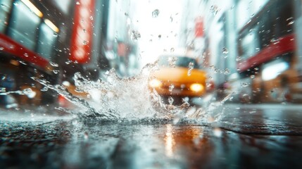 Low angle capture of raindrops splashing on the ground with an approaching yellow taxi in the background, symbolizing city life and movement in the rain.