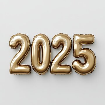 Happy New Year 2025. Golden realistic balloon numbers 2025 - cut out, white background 