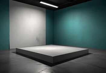 plain blank Cement floor with a gritty appearance, black wall with a rough texture, wide empty room with contrasting shadows, diffused lighting creating a moody atmosphere for showcasing products. whi