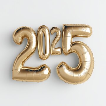Happy New Year 2025. Golden realistic balloon numbers 2025 - cut out, white background 