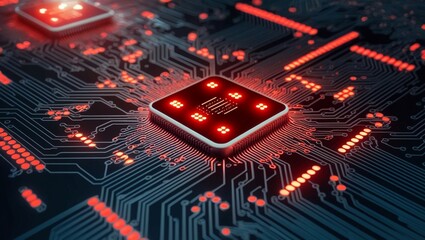 Poster -  Close-up view of a glowing grid of futuristic circuits, with a black and red light theme, representing advanced technology, data transfer, and high-speed information exchange