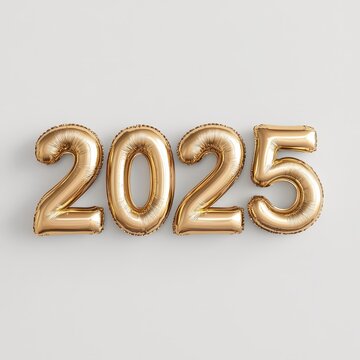 Happy New Year 2025. Golden realistic balloon numbers 2025 - cut out, white background 