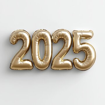 Happy New Year 2025. Golden realistic balloon numbers 2025 - cut out, white background 