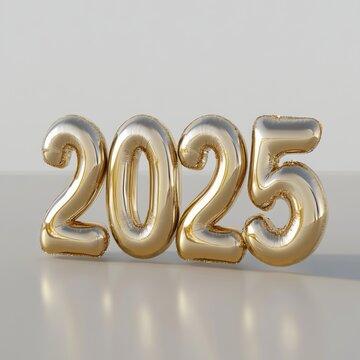 Happy New Year 2025. Golden realistic balloon numbers 2025 - cut out, white background 