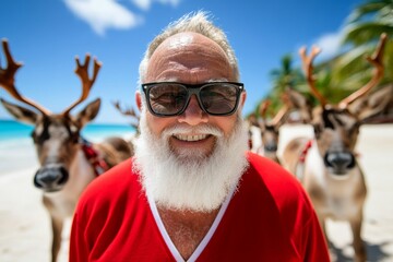 Man in a red hat, red coat is smiling. He is surrounded by reindeer, which are also wearing red. Santa Clause and his reindeers on a tropical exotic island, seacoast or beach landscape