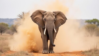 Wall Mural -  Elephant majestically strides through dustfilled air